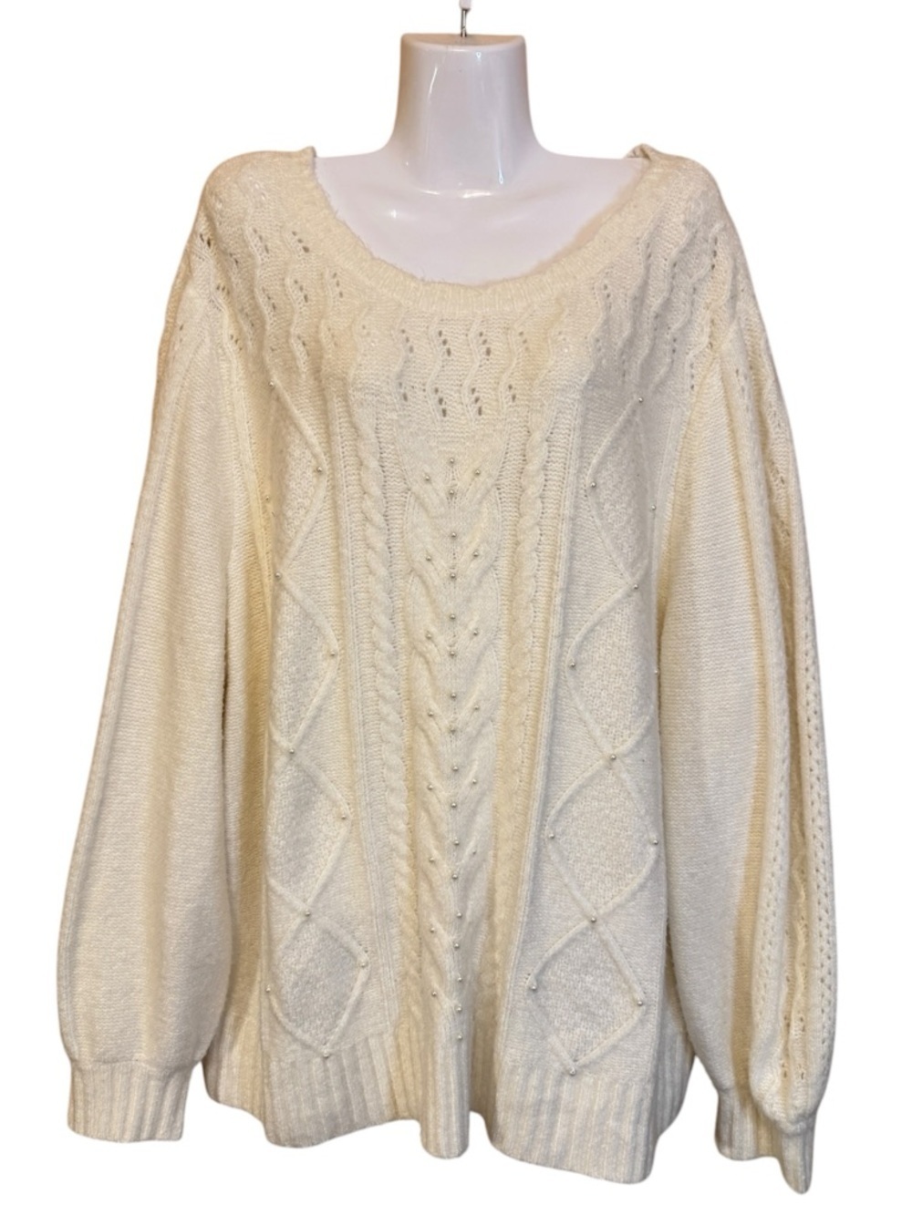 Talbots Plus Womens Ivory Cable Knit Sweater Pearl Detail 3X Cozy